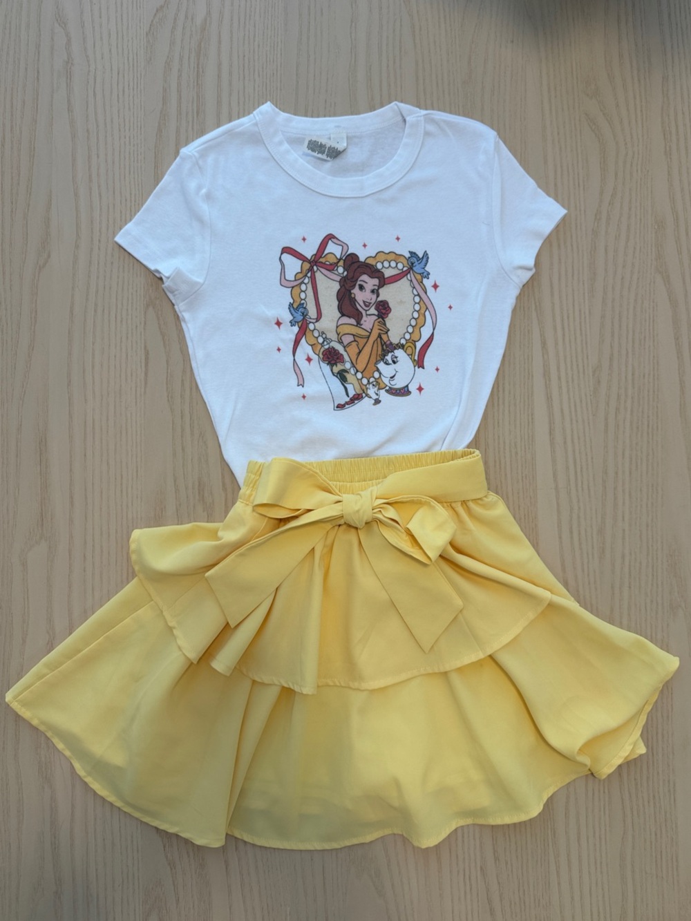 Kids White Belle Graphic Tee and skirt. Complete Disney outfit!